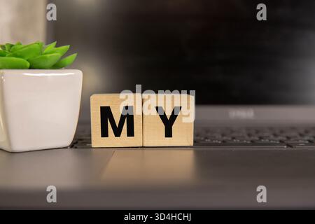 Die Hand dreht Holzwürfel und ändert den Ausdruck „This is your Story“ in „This is my Story“. Stockfoto