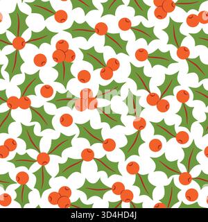 Nahtloses Muster aus stechpalmenblättern und roten Beeren. Flache Winterferien wiederholen auf weißem Hintergrund für Verpackungspapier, Verpackung, festliche Designs Stock Vektor