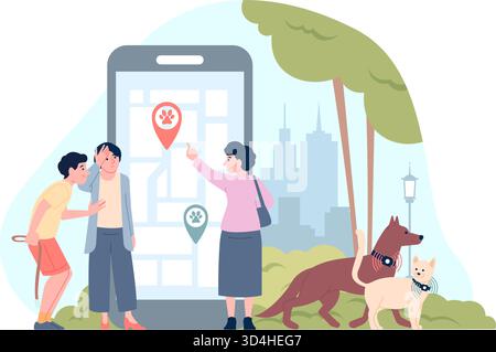 PET gps-Tracker. Personen, die Tracker für Haustiere verwenden. Besitzer verloren ihren Hund und ihre Katze und finden sie auf Smartphone-App mit Navigationsnadel. Tiersuche, Recen Stock Vektor
