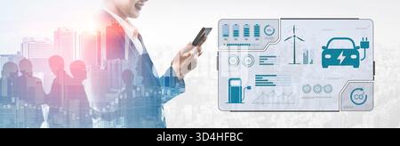 Ladekonsole für Elektrofahrzeuge mit Batteriestatus, Energieverbrauch, Integration erneuerbarer Energien und CO2-Wirkungsverfolgung zur Unterstützung sauberer Energie Stockfoto