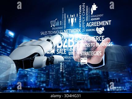 Eine innovative Illustration, die eine Roboterhand zeigt, die sich auf schwebende digitale Wörter im Zusammenhang mit B2B-E-Commerce und Geschäftsstrategien in A ausdehnt Stockfoto