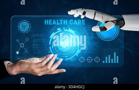 KI-gestütztes Dashboard für digitale Gesundheitsfürsorge und medizinische Daten. Eine KI-Schnittstelle zur Patientendiagnostik und Überwachung elektronischer Patientenakten. Motiv Stockfoto