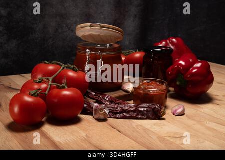 Tomatensauce in Gläsern mit frischen Tomaten, Paprika, Knoblauch und getrockneter Chili Stockfoto