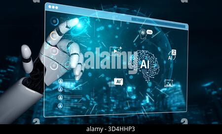 Ein generativer KI-Assistent zeigt sein Dashboard zur Erstellung von Multimedia-Inhalten. Diese Plattform kann Bilder, Videos und Sprache generieren und ausführen Stockfoto