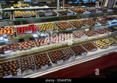 Exquisite Auswahl an handgefertigten Pralinen in raffinierter Präsentation mit farbenfrohen Akzenten Stockfoto