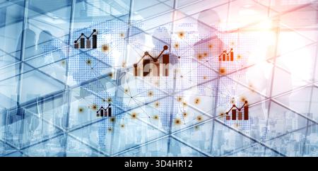 Visualisierung des globalen Wirtschaftswachstums und der Börsendaten. Die Analyse der Finanzdiagramme zeigt die internationale Geschäftsleistung und Investitionen Stockfoto