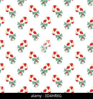 Nahtloses Muster mit roten Zuckerstangen und Bögen. Vektor süßer Weihnachtshintergrund. Stock Vektor