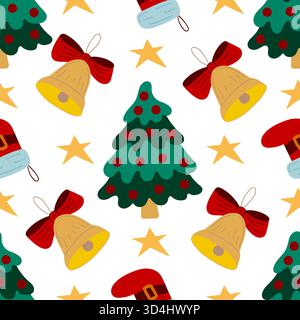 Nahtloses Weihnachtsmuster im handgezeichneten Stil. Weihnachtsstrümpfe, Weihnachtsbäume. Druck für Design, Textil, Stoff, Tapete, Verpackung Stock Vektor