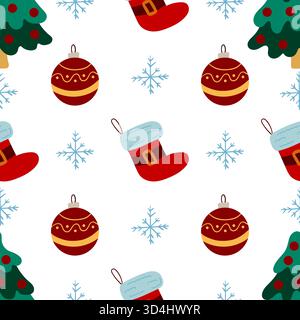 Nahtloses Weihnachtsmuster im handgezeichneten Stil. Weihnachtsstrümpfe, Weihnachtsbäume. Druck für Design, Textil, Stoff Stock Vektor