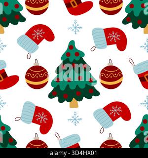 Nahtloses Weihnachtsmuster im handgezeichneten Stil. Weihnachtsstrümpfe, Weihnachtsbäume. Druck für Design, Textil, Stoff, Tapeten, Geschenkpapier, de Stock Vektor