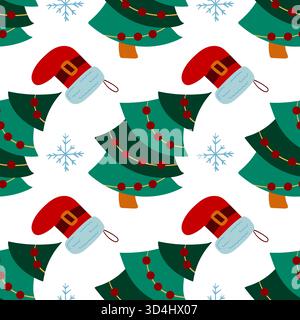 Nahtloses Weihnachtsmuster im handgezeichneten Stil. Weihnachtsstrümpfe, Weihnachtsbäume. Druck für Design, Textil, Stoff, Tapeten Stock Vektor