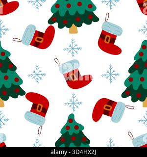 Nahtloses Weihnachtsmuster im handgezeichneten Stil. Weihnachtsstrümpfe, Weihnachtsbäume. Druck für Design, Textil Stock Vektor