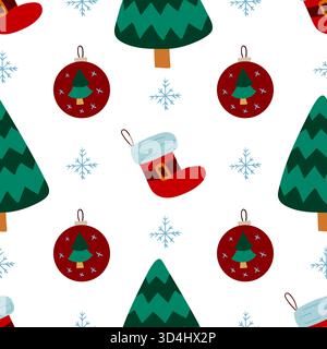 Nahtloses Weihnachtsmuster im handgezeichneten Stil. Weihnachtsstrümpfe, Weihnachtsbäume. Druck für Design, Textil, Stoff, Tapeten, Geschenkpapier, de Stock Vektor
