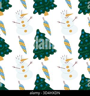 Nahtloses Weihnachtsmuster im handgezeichneten Stil. Schneemänner, Weihnachtsbaumspielzeug. Für Design drucken Stock Vektor