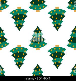 Nahtloses Weihnachtsmuster im handgezeichneten Stil. Weihnachtsbäume, goldene Dekoration. Druck für Design, Textil, Stoff, Tapete, Verpackung Stock Vektor