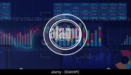 Anzeigen von konzentrischem HUD mit numerischen Anzeigen auf dem digitalen Dashboard, mit Balken-, Linien- und Tortendiagrammen Stockfoto