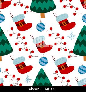 Nahtloses Weihnachtsmuster im handgezeichneten Stil. Weihnachtsstrümpfe, Weihnachtsbäume. Druck für Design, Textil, Stoff, Tapeten, Geschenkpapier Stock Vektor