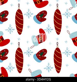 Nahtloses Weihnachtsmuster im handgezeichneten Stil. Weihnachtsstrumpf, Weihnachtsbaumspielzeug. Druck für Design, Textil, Stoff, Tapeten, Geschenkpapier, Stock Vektor