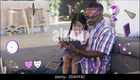 Sitzender Mann mit kariertem Hemd, der Tablette mit Mädchen in rosa T-Shirt zu Hause hält, lila AR-Ikonen Stockfoto