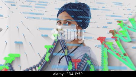 Stehendes Doc in blauen Peelings und Maske mit Stethoskop auf weißem Hintergrund, blaue Balken grün-rot-Helix Stockfoto