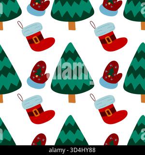Nahtloses Weihnachtsmuster in Handzeichnung. Weihnachtsstrumpf, Fäustlinge. Druck für Design, Textil, Stoff, Tapeten, Geschenkpapier, Dekoration Stock Vektor