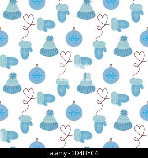 Nahtloses Weihnachtsmuster im handgezeichneten Stil. Winterfäustlinge, Hüte. Druck für Design, Textil, Stoff, Tapeten, Geschenkpapier, Dekoration Stock Vektor