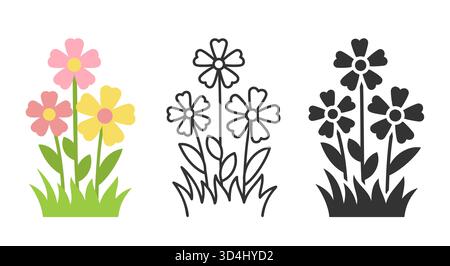 Blumen im Gras Symbol Set. Blütenknospen in farbenfroher flacher Cartoon und schwarzer Silhouette. Umrisse des Natursymbols „Blüten“. Posy Doodle zeichnet niedliche Blumenelemente. Gartenkraut-Emblem Stock Vektor