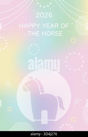 2026, das Jahr des Pferdes, Vektor Neujahrsgrußkarte Vorlage mit Einer niedlichen Cartoonish Pferd Silhouette auf Einem bunten pastellfarbenen Hintergrund. Stock Vektor