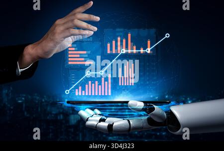 Eine menschliche Hand und eine Roboterhand interagieren über digitalen Karten und symbolisieren die Verschmelzung von Technologie und Finanzen. Diese Abbildung zeigt dynamische Daten Stockfoto