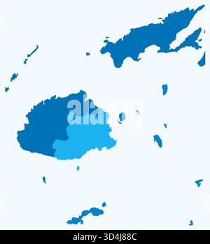 Karte von Fidschi mit Regionen. Nur eine einfache Ländergrenzkarte mit regionaler Aufteilung. Hellblaue Farbpalette. Stock Vektor