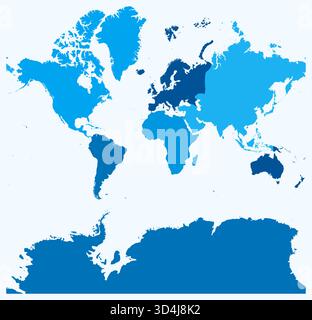 Karte der Welt mit Kontinenten. Nur eine einfache Grenzkarte mit Kontinentalteilung. Hellblaue Farbpalette. Stock Vektor