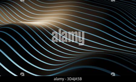Abstrakter dunkler Hintergrund mit fließenden Wellenlinien. Blaues und goldfarbenes Licht auf gekrümmter Oberfläche. 3D-Rendering Stockfoto