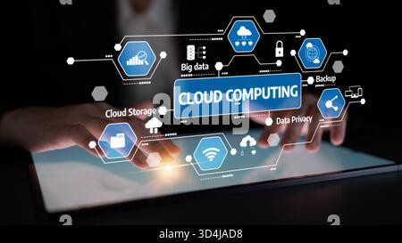 Ein konzeptionelles Bild, das die Cloud-Computing-Technologie zeigt, in dem Hände mit einem digitalen Tablet interagieren und Symbole zur Datensicherheit anzeigen Stockfoto
