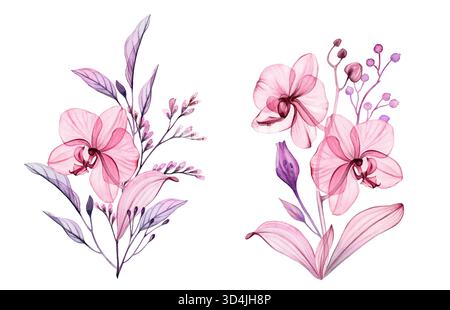 Blumensträuße in Aquarellen. Abstrakte transparente Orchideen, Äste und Blätter in staubrosa und violett. Isolierte handgezeichnete botanische Illustration für Stockfoto
