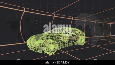 Leuchtendes neongrünes 3D-Sportwagenmodell im Cyberspace-Tunnel mit orangefarbenem Gitter Stockfoto