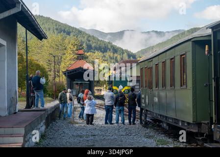 Menschen, die die Lokomotive der Schmalspurbahn Šargan Acht in Serbien beobachten und filmen. Oktober 2025. Stockfoto