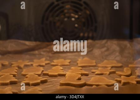 Lebkuchenkekse in Form von Bäumen, Sternen und anderen festlichen Figuren werden auf Pergamentpapier gelegt und im Ofen gebacken. Diese traditionelle Aktivität bringt Freude während der Weihnachtszeit. Stockfoto