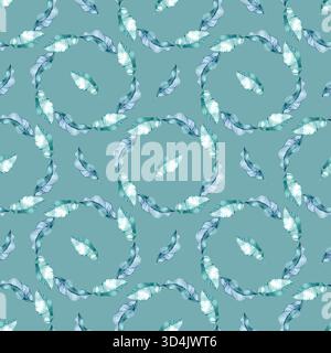 Nahtloses Aquarellmuster mit zarten blauen und türkisfarbenen Blättern in kreisförmigen Formen. Elegante botanische Textur, perfekt für Stoff und Tapeten Stockfoto