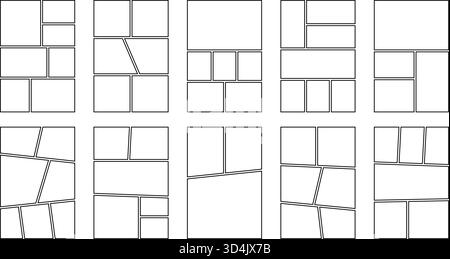 Comic-Panel-Set. Leere Vorlage für Manga-Collage. Bereich für Storyboard-Layout. Leerer Zeilenrahmen für Fotocollage. Comic-Brett-Mockup. Vektor Stock Vektor