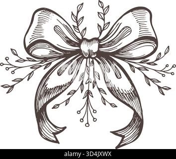 Vintage-Vektor-Illustration einer Schleife mit botanischen Elementen in elegantem Gravurstil. Perfekt für Verpackungsdesign, Einladungen, Geschenkanhänger und Stock Vektor