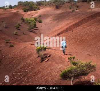 Eine Wanderer wandert auf gewundenen Wegen durch einzigartiges rotes Gelände in Agulo, La Gomera, und genießt das warme Wetter in Spanien Stockfoto