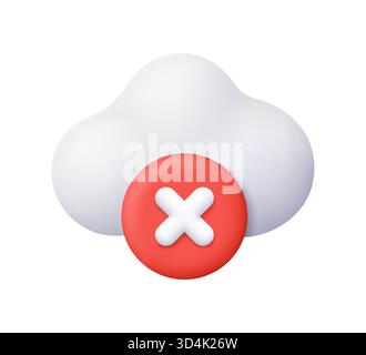 Weiße Wolke mit Löschsymbol auf roter Kreisschaltfläche. Technologie, Cloud-Computing, Cloud-Speicher, Cloud-Fehler, fehlgeschlagenes Hochladen und Entfernen von Daten. Stock Vektor