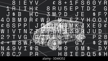 Anzeige des weißen Drahtmodell-SUV-Modells, das sich im virtuellen Studio dreht, mit Symbolen und Rasterlinien Stockfoto