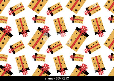 Horizontales festliches nahtloses Muster mit Weihnachts- oder Geburtstagsgeschenken. Eine süße orangene Geschenkbox im flachen Stil. Gemütliche Illustration für Karten, Poster, Wr Stock Vektor