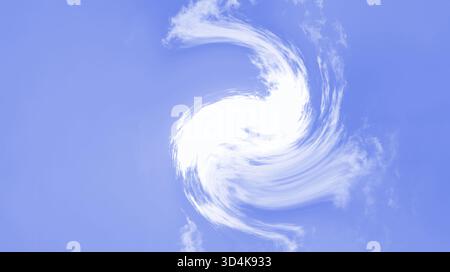 Weicher ätherischer abstrakter Hintergrund mit hellblauem Himmel mit auffälligem Wirbel- oder Wirbeleffekt. Weiße Wolken, die sich digital bewegen, verschwimmen und verwischen Stockfoto