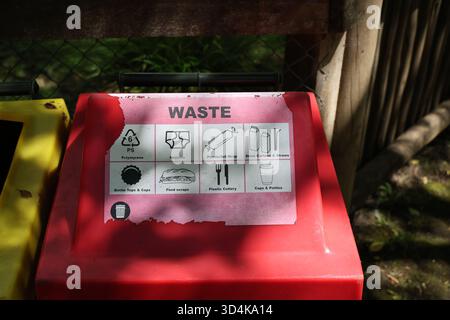 Roter Abfallbehälter mit Sortierzeichen Stockfoto