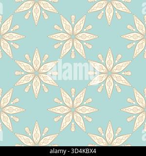 Blaues Muster mit stilisierten sechs spitzen sternförmigen Blüten, verziert mit Kreisen und Spiralen, umgeben von Knospen. Mandala. Vektorabbildung Stock Vektor