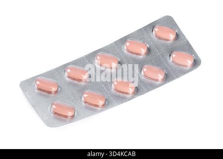 Rosafarbene Kapseln in Blisterpackung zur Verwendung von Medikamenten zu Hause oder in der Apotheke Stockfoto