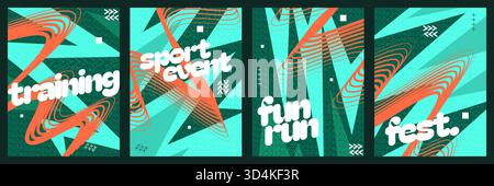 Abstrakte Poster-Kollektion mit geometrischen Formen und wellenförmigen Elementen. Banner, Poster oder Titelvorlage für Sport, Fitness, Workout Stock Vektor