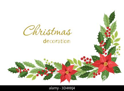 Winterblumen-Arrangement. Dekorative Winterecke mit Weihnachtsstern, stechpalme und roten Beeren. Stock Vektor